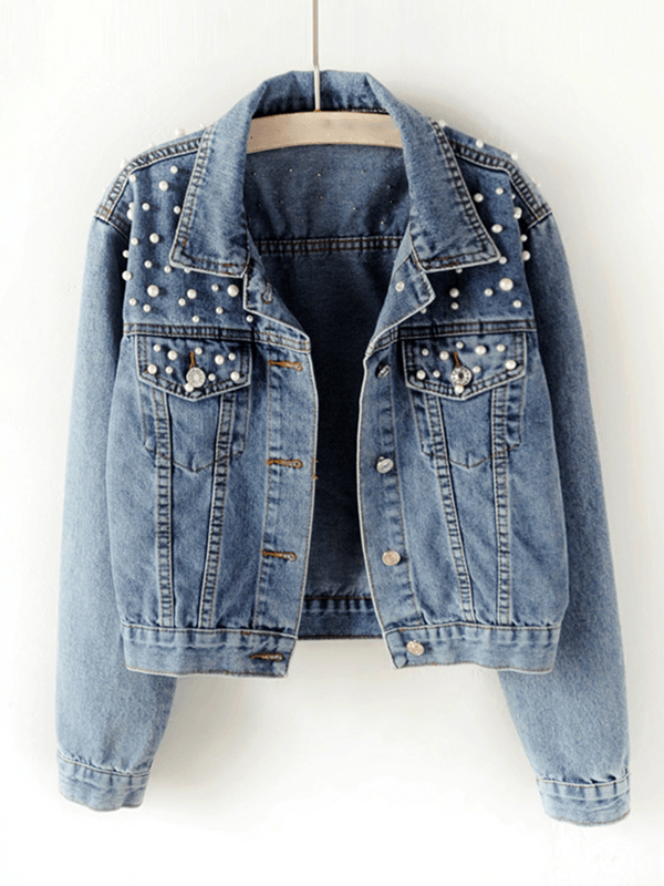 Denimara | Denim Jakke med Knappede Lommer, Nitter, Rhinsten, Slå-krave, Lange Ærmer, Casual, Oversized