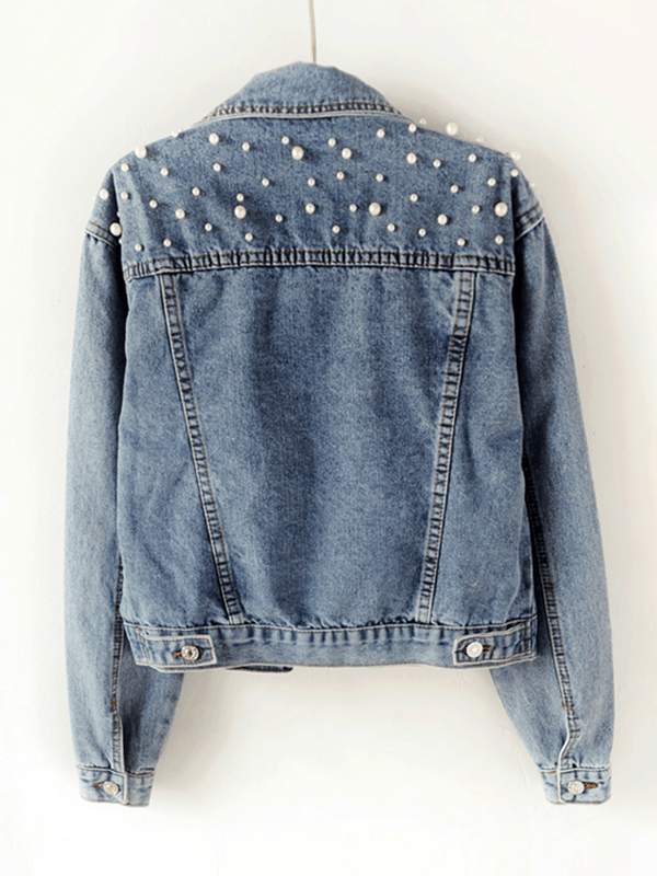 Denimara | Denim Jakke med Knappede Lommer, Nitter, Rhinsten, Slå-krave, Lange Ærmer, Casual, Oversized
