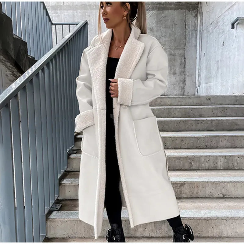 Hina | Elegant Lang Læderjakke med Pelskrave