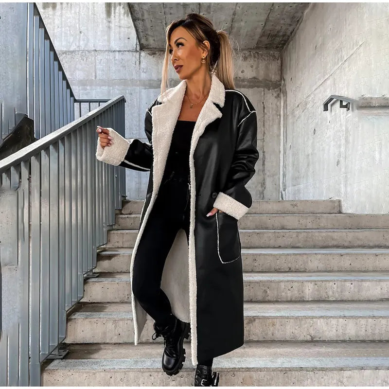 Hina | Elegant Lang Læderjakke med Pelskrave