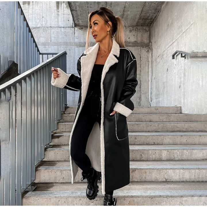 Hina | Elegant Lang Læderjakke med Pelskrave