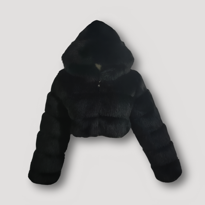 Furlex | Luksuriøs Cropped Plush Kunstpels Hoodie Jakke med Lynlås