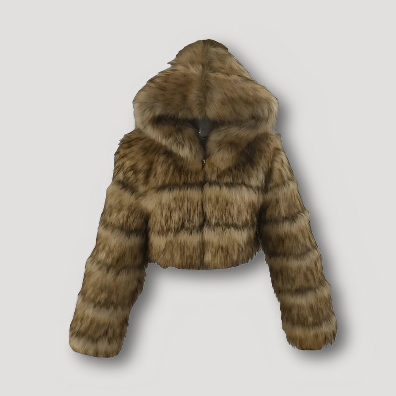 Furlex | Luksuriøs Cropped Plush Kunstpels Hoodie Jakke med Lynlås