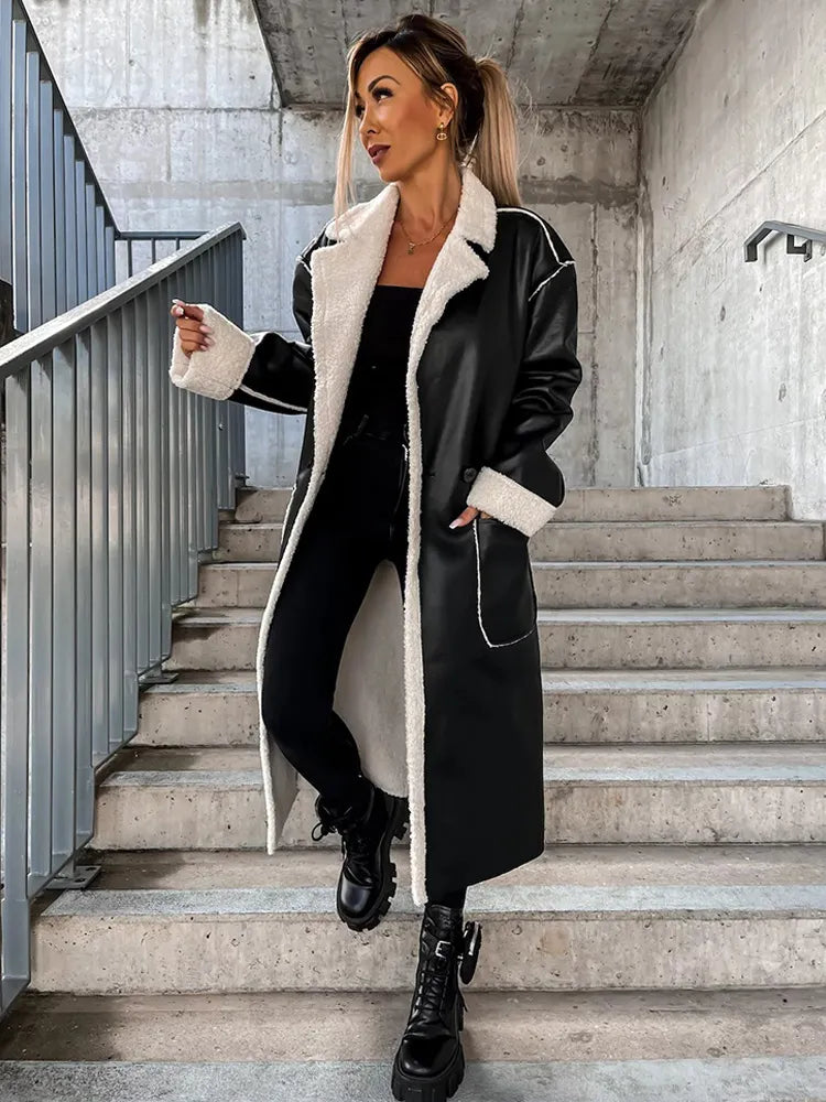 Hina | Elegant Lang Læderjakke med Pelskrave