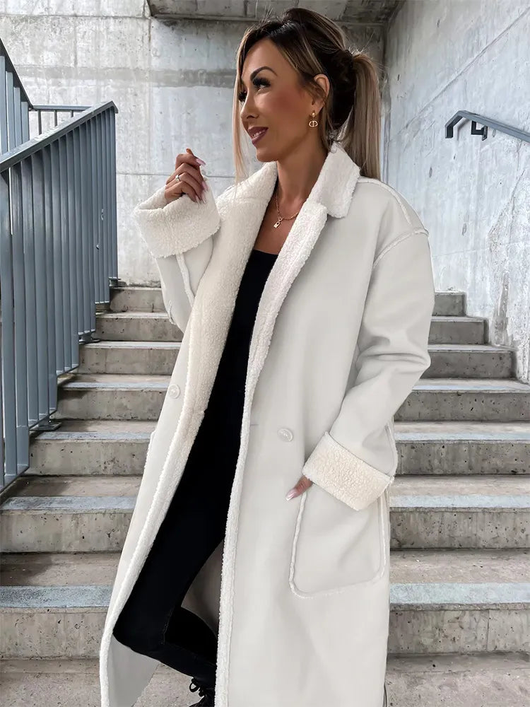 Hina | Elegant Lang Læderjakke med Pelskrave
